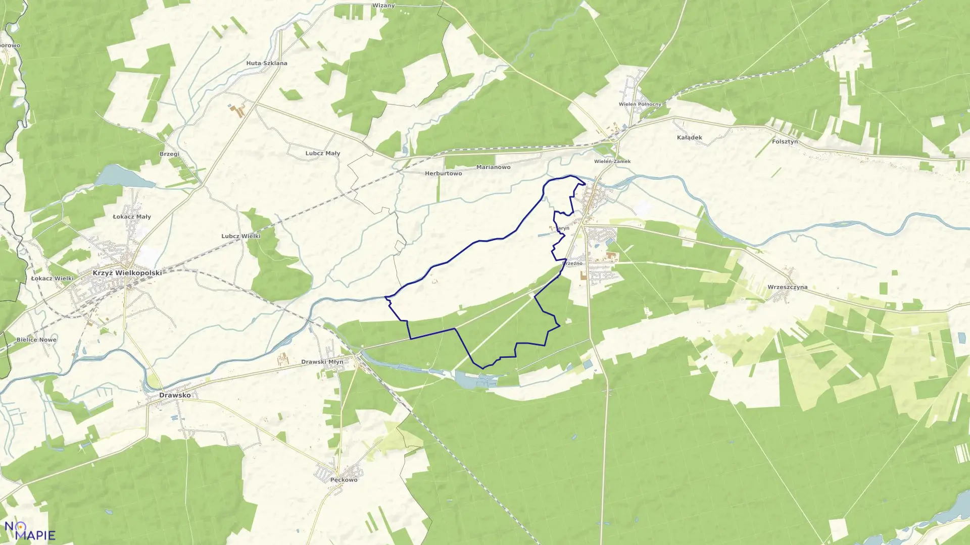 Mapa obrębu JARYŃ w gminie Wieleń